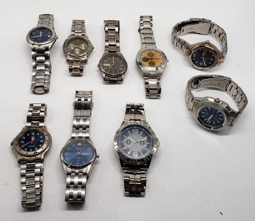 10-Mens Quartz Watches: Not Tested as to working or not some for parts or repair-some may work -Silver- 1 working Casio, -Berenger-Attitude-XXll,Fred Belelay,Seiko,Armitron, Fossil