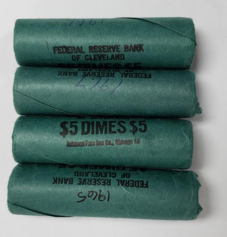 1965, (2) 1966, 1967 BANK WRAPPED DIME ROLLS: ROOSEVELT BU ORIGINAL DIME ROLLS