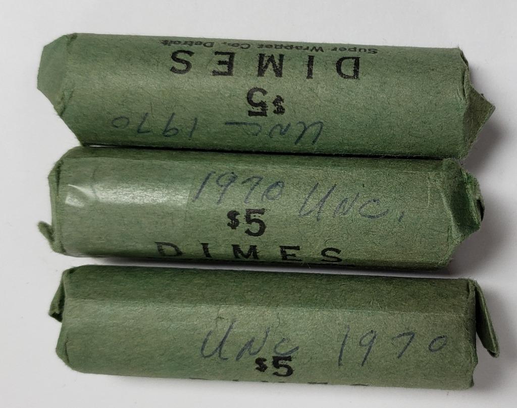 (3) 1970-P UNC ROOSEVELT DIME ROLLS: NICE ORIGINAL ROLLS