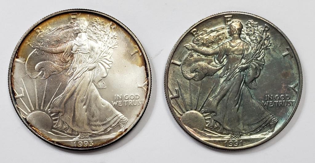 2 - 1991 and 1993 American Silver Eagle 1 oz Fine (1 of 2)