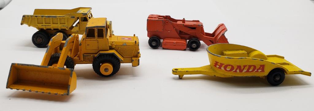 LESNEY DIECAST LOT #58 DROTT EXCAVATOR,: #6 EUCLID, #69 TRACTOR SHOVEL missing wheel, #38 HONDA TRAILER