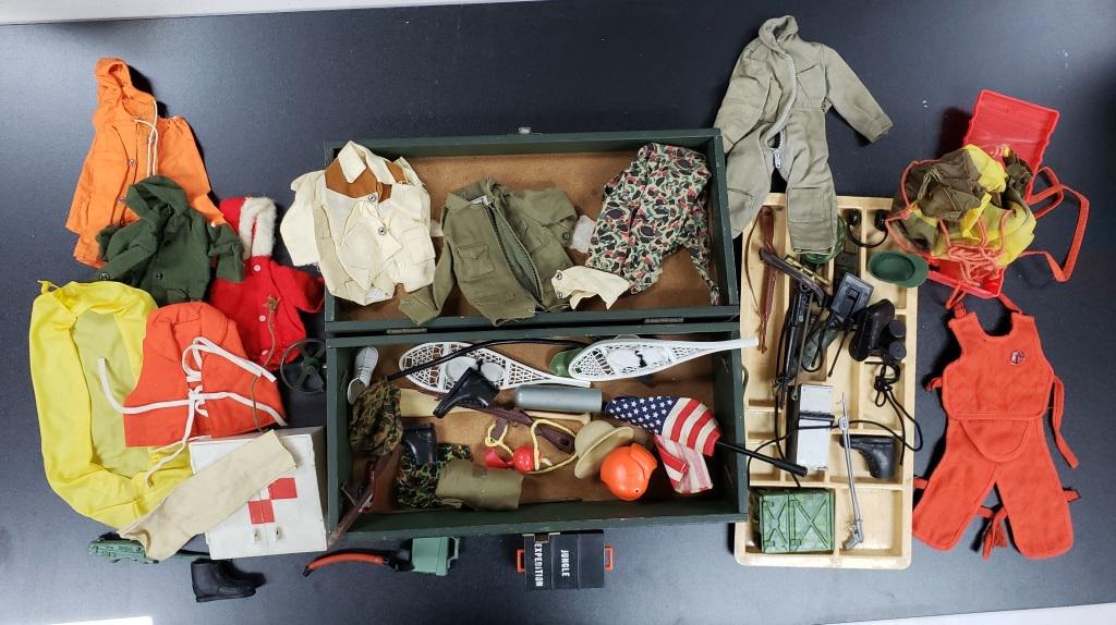 1960's GI JOE FOOTLOCKER with ACCESSORIES: WOOD BOX LOADED WITH GI JOE ACCESSORIES & FIRST AID KIT