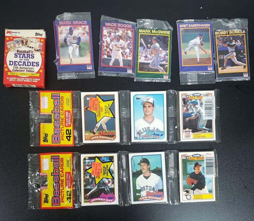 (2) 1989 TOPPS RAK PACKS, 1987 KMART SET: STARS OF THE DECADES; (5) STAR LINE SUPERSTAR PACKS