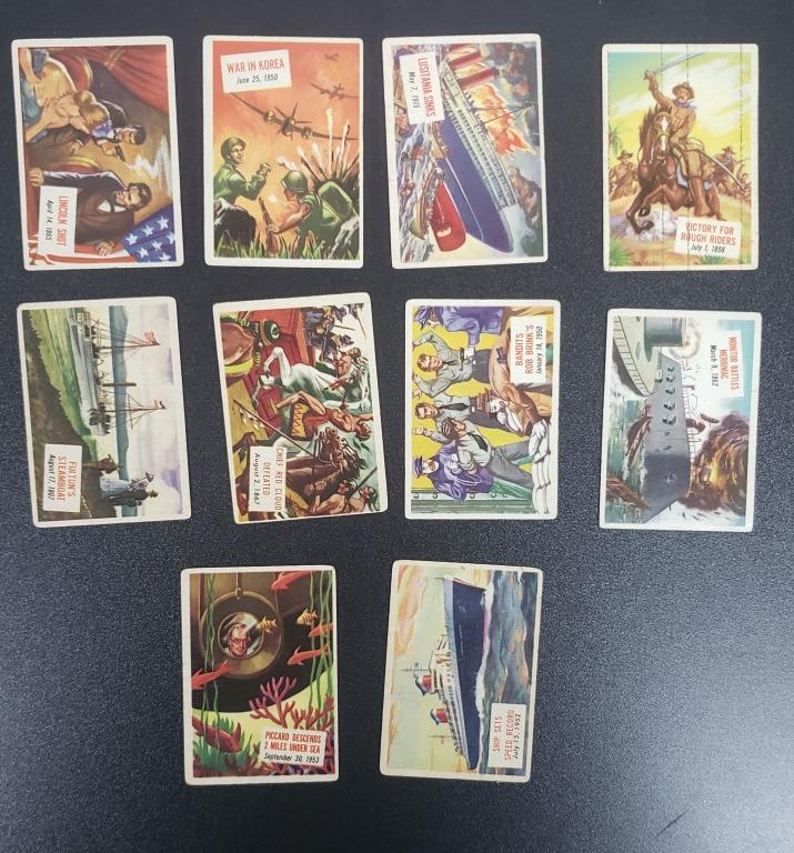 (10) 1954 SCOOP NON-SPORT CARDS: LINCOLN SHOT, WAR IN KOREA, LUSITANIA SINKS, VICTORY FOR ROUGH RIDERS, (6) OTHER - ALL DIFFERENT - VGEX
