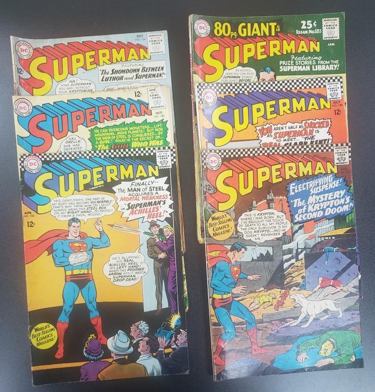 1960's DC SUPERMAN COMIC LOT: 12c Issues - #164 back cover torn, #180, #185, 189, 198, Giant issue #183