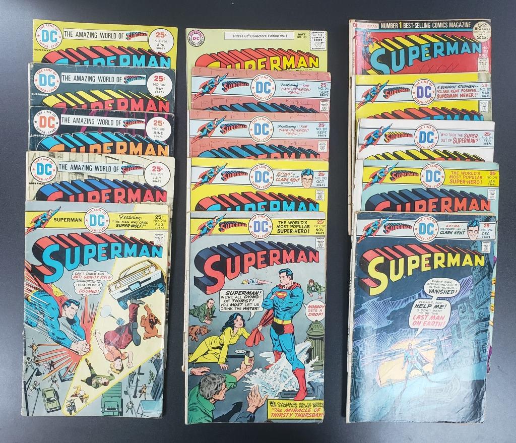 (14) DC SUPERMAN 25c COMIC ISSUES: #286, 287, 288, 289, 290, 291, 291, 292, 293, 294, 295, 296, 297 & 25c ISSUE #253 & PIZZA HUT ISSUE #113 (15) TOTAL COMIC BOOKS