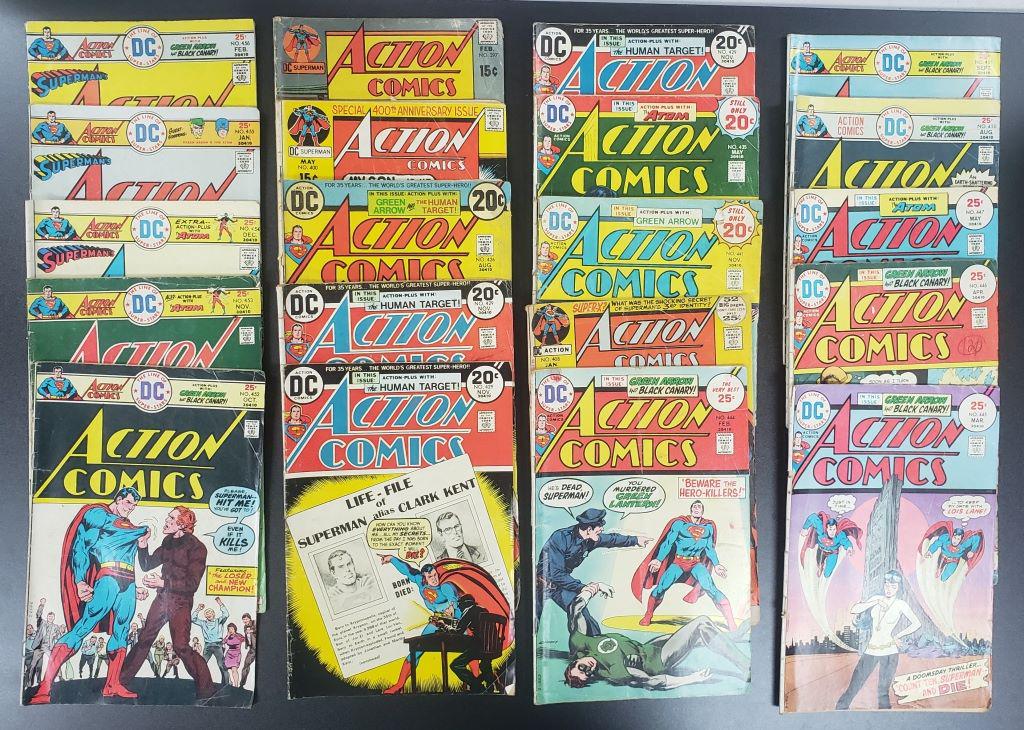 (22) DC SUPERMAN ACTION COMICS 1970's: 15c ISSUES #397, #400, 20c ISSUES #426, 429, 429, 429, 435, 441, 25c ISSUES #408, 444, 445, 446, 447, 450, 451, 452, 453, 454, 455, 456