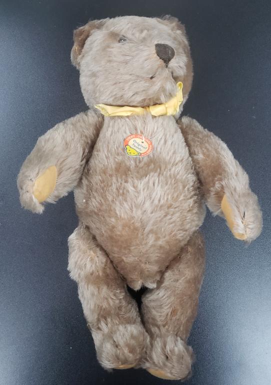STEIFF ORIGINAL TEDDY BEAR-MOHAIR-1950s: 18 INCHES TALL-GROWLER WORKS! YELLOW BOW-