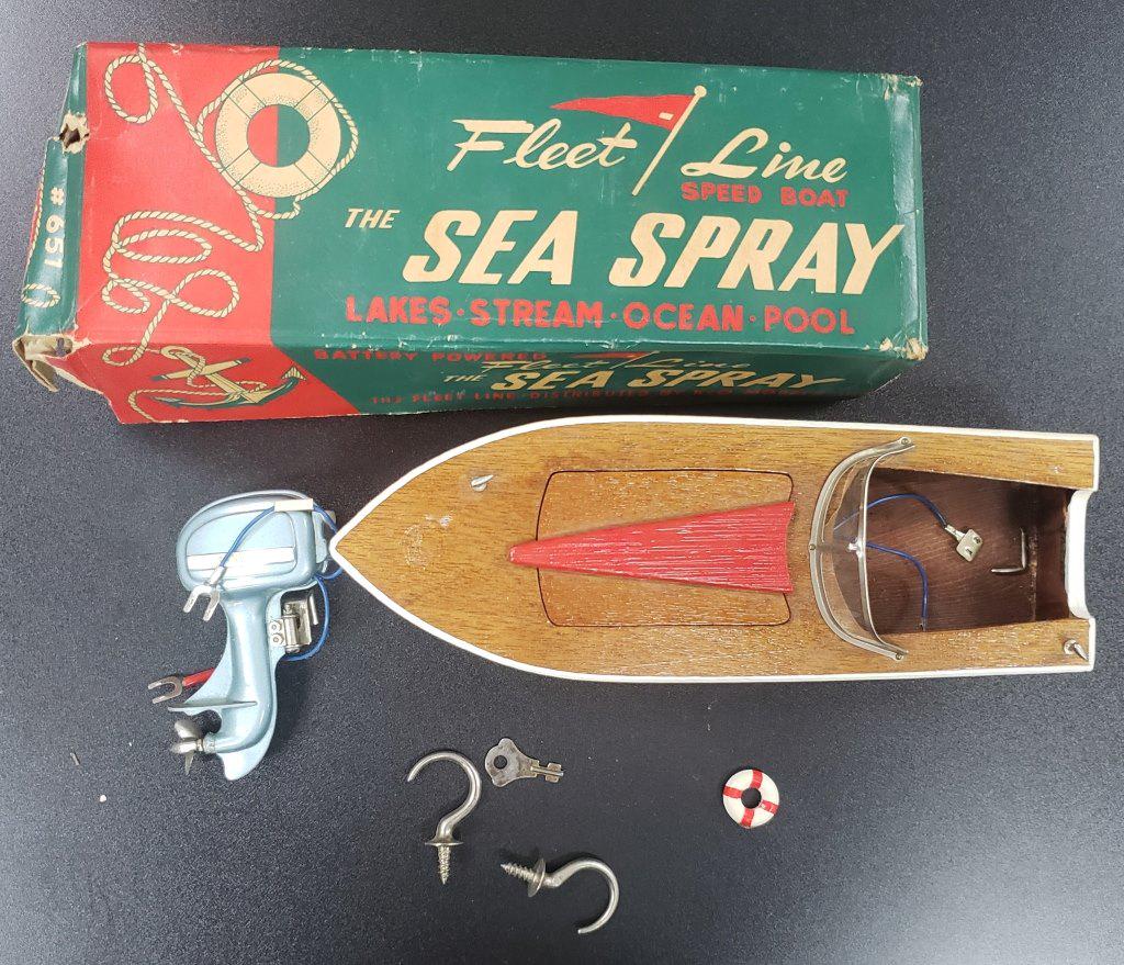 VINTAGE FLEET LINE TOY SPEED BOAT "THE SEA SPRAY": WITH BOX! UNTESTED-ALL PIECES LOOK TO BE THERE-LIFE VEST IS DETACHED-NO. 651