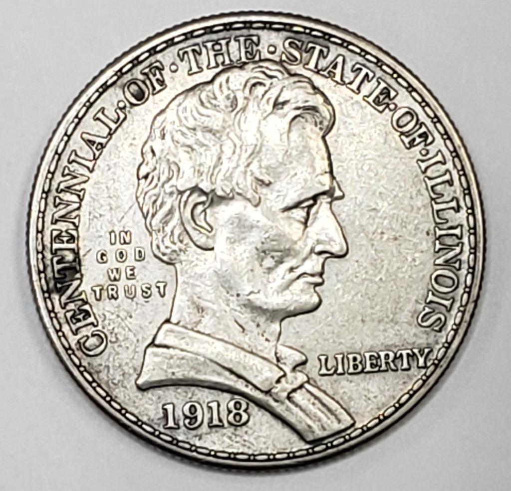 1918 Illinois Centennial Lincoln Commemorative Hal: Silver Half Dollar.