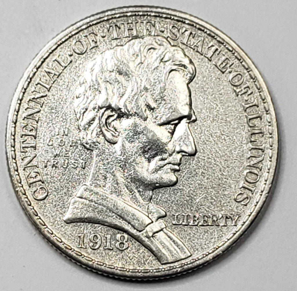 1918 Illinois Centennial Lincoln Commemorative Hal: Silver Half Dollar.