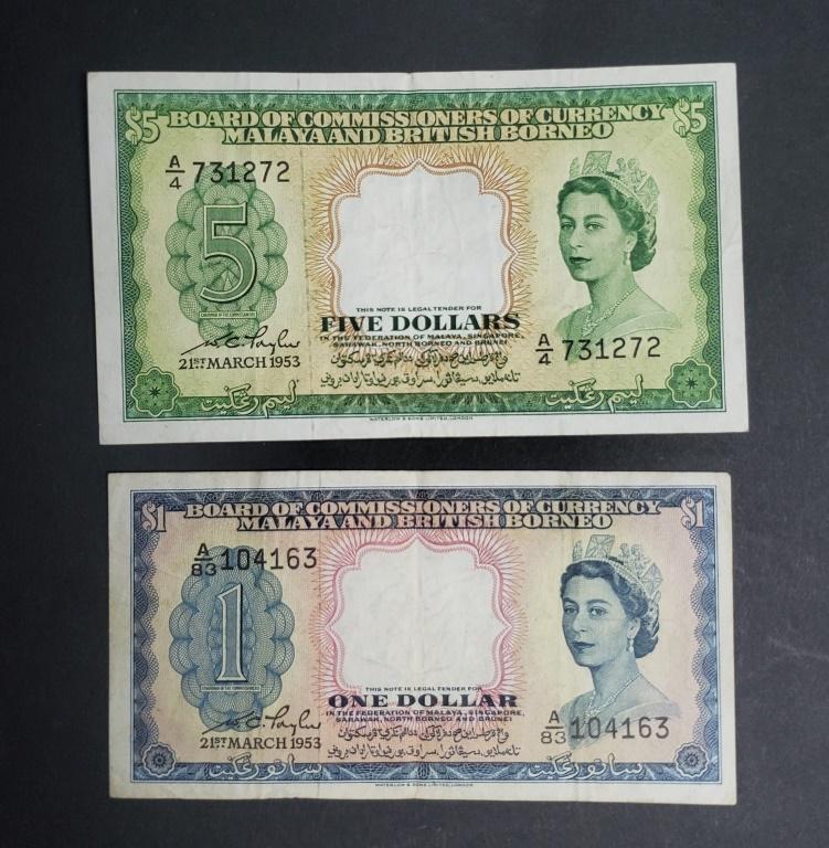 (2) MALAYA AND BRITISH BORNEO NOTES: ONE & FIVE DOLLARS