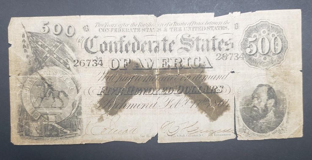 $500 1864 Confederate States Of America: Note Richmond, VA 1864 - ROUGH CONDITION