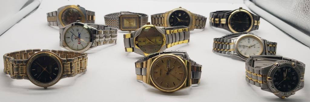 10 Mens Quartz Watches: Not tested as to working or not - some for parts or repair-some may work-Manhattan-Charles Raymond-Sergio Velente-1 working Seiko