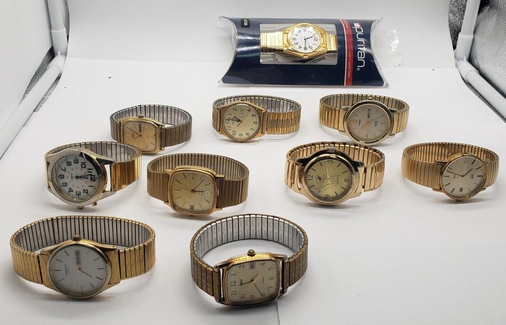 10 Mens Quartz Watches: Not tested as to working or not - some for parts or repair-some may work-Gold Stretch Bands-Puritan-Caravelle-Pulsar-5 Timex (one working)