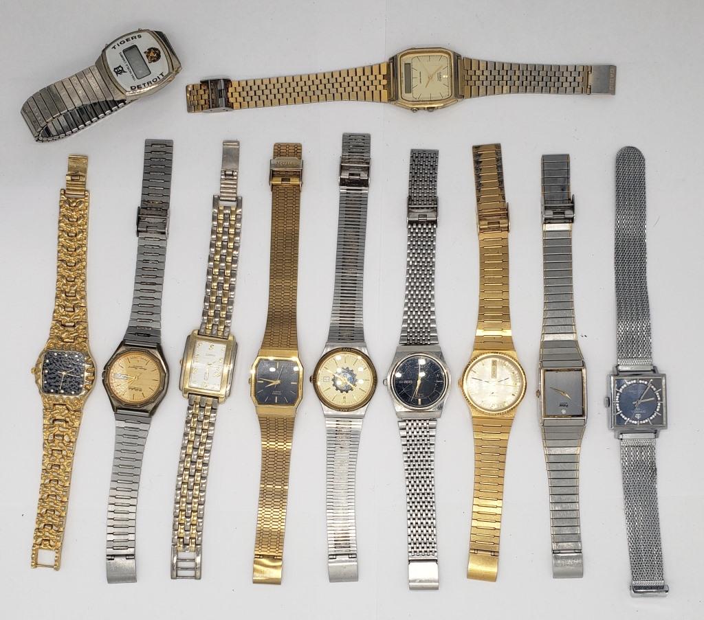 10 Mens Quartz Watches: Not tested as to working or not - some for parts or repair-some may work-(2)Citizens- Casio- Pulsar-Cardell-Geneva-Timex