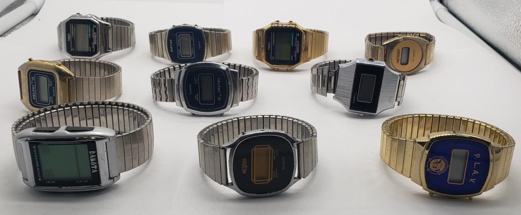 10 Mens Quartz Watches: Not tested as to working or not - some for parts or repair-some may work-Digital-Stretch Bands-(3)Timex-(2) Delphi-Dakota-Medana-Plav-Nelsonic