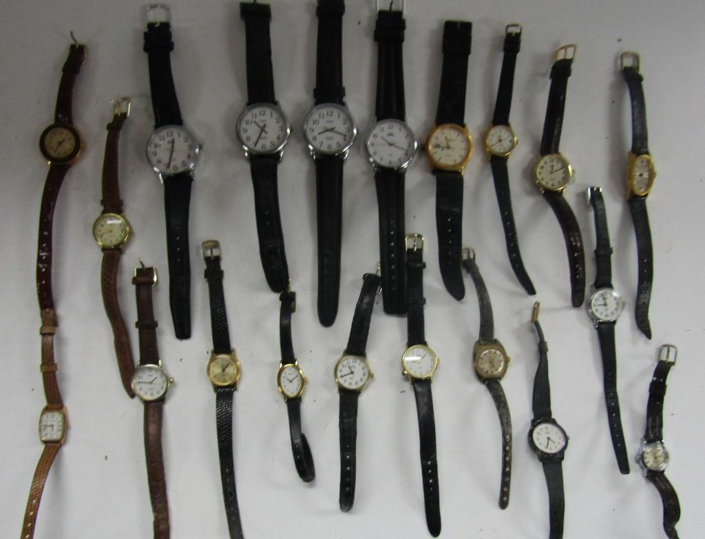 20 Ladies Quartz Watches: Not tested as to working or not - some for parts or repair-some may work-Leather Bands -Timex