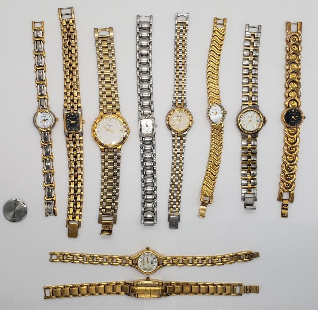 10 Ladies Quartz Watches: Not tested as to working or not - some for parts or repair-some may work-(6)Bulova-(2)Wiltnauer-Waltham-Gruen
