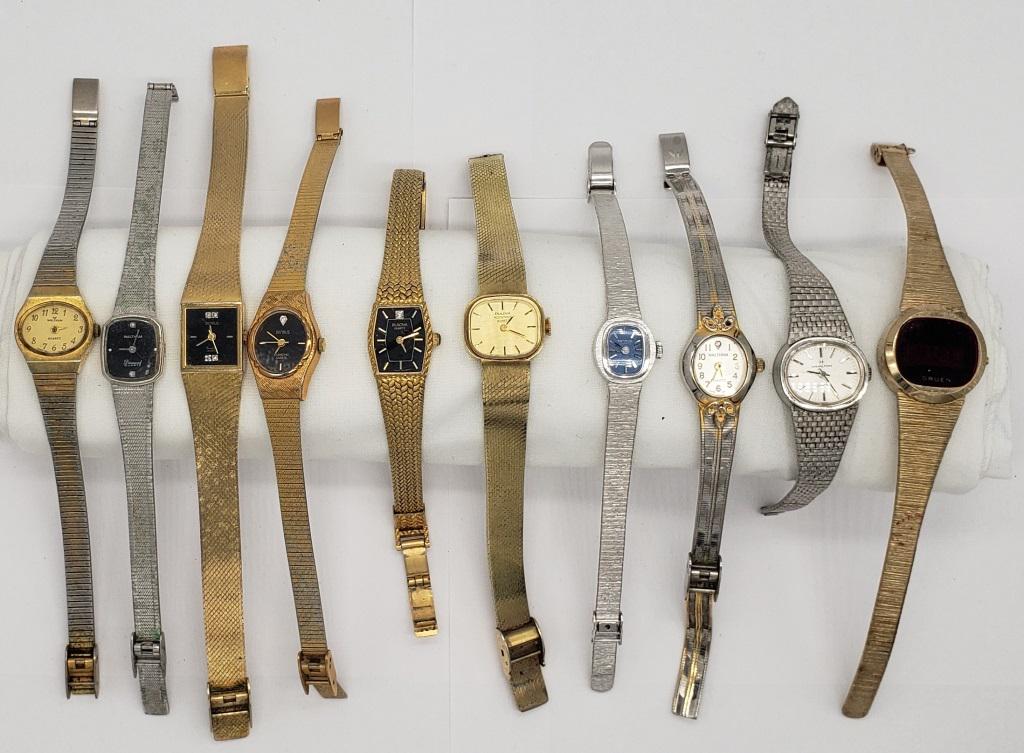 10 Ladies Quartz Watches: Not tested as to working or not - some for parts or repair-some may work-Gruen-(5) Benrus- Hamilton-(3)Waltham