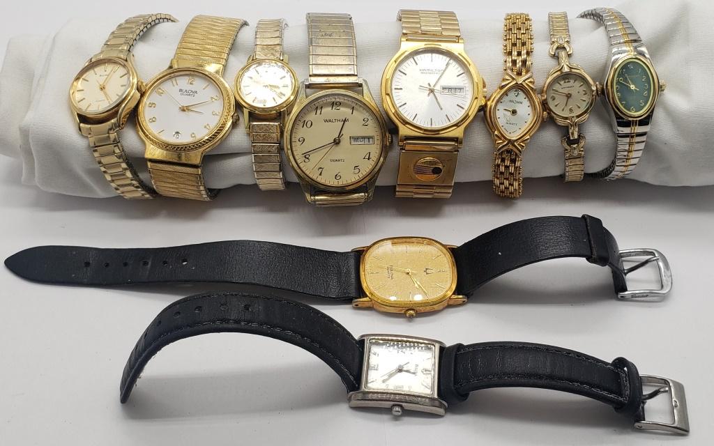 10 Ladies Quartz Watches: Not tested as to working or not - some for parts or repair -some may work-(2)Walthame-Hamilton-(5 ) Bulova- Gruen-Wittnauer
