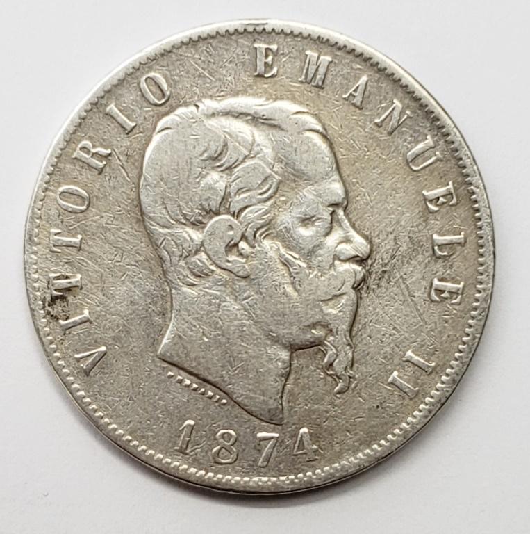 Italy 1874M 5 Lire Silver Coin: Vittorio Emanuele II - 24.6g