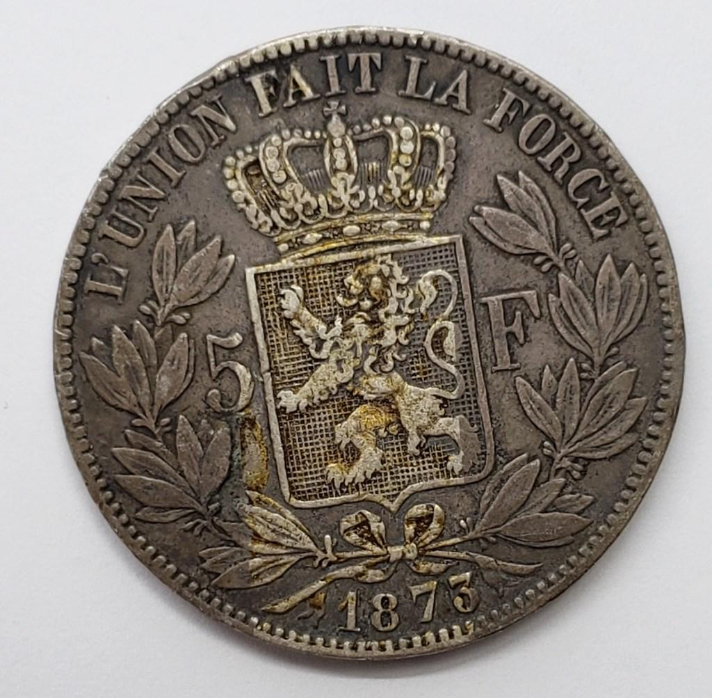 BELGIUM Leopold II Silver Five 5 Francs Coin 1873: 24.8g