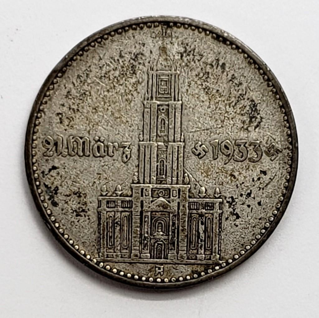 1934-A Germany Third Reich Silver 2 Mark: 2 Reichsmark Garrison Church & Date Silver Coin