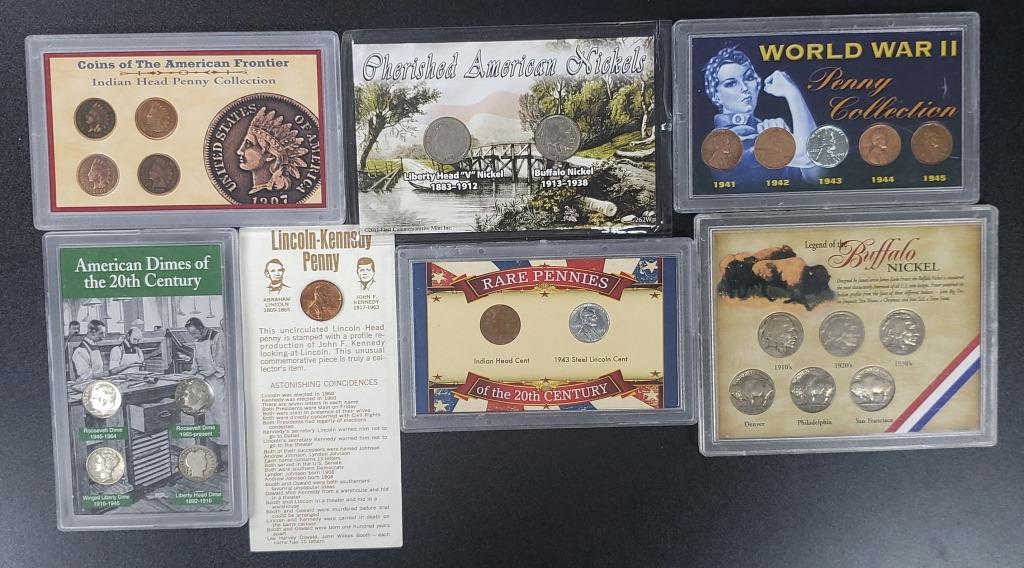 7-TRIBUTE COIN SETS: FRONTIER INDIAN HEADS,: CHERISHED AMERICAN NICKELS, DIMES OF THE 20TH CENTURY, RARE PENNIES 20TH CENTURY, WWII PENNY COLLECTION, LEGEND OF BUFFALO NICKEL, LINCOLN-KENNEDY PENNY STAMPED