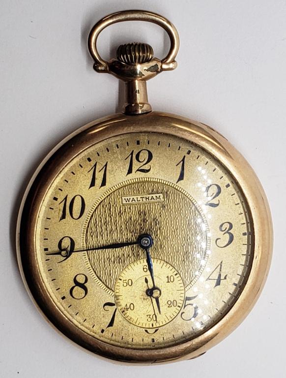 Antique Waltham Pocket Watch - Grade No. 1425: 17 Jewels Size 14, Serial No. 14693106, Made 1905. Runs Fine! Trade Mark Crescent Colonial Series Warrented 25 Year Gold Filled. Fancy dial needs a light cleaning.