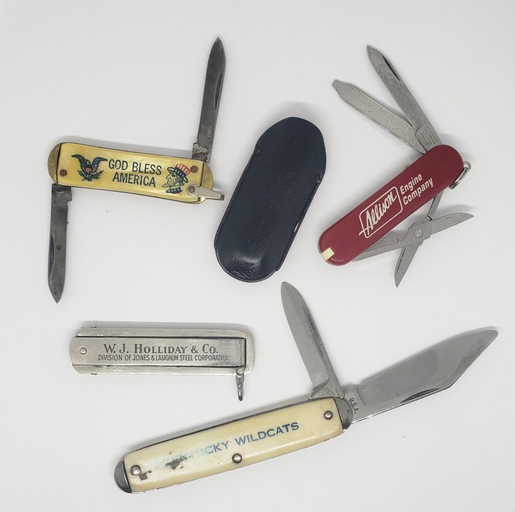 4-ADVERTISING POCKET KNIVES: GOD BLESS AMERICA VTG UNCLE SAM; KENTUCKY WILDCATS; W.J. HOLLIDAY & CO; ALLISON ENGINE COMPANY