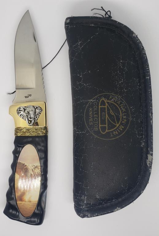 FRANKLIN MINT KNIFE ELEPHANT: BEAUTIFUL BLACK & GOLD KNIFE in POUCH