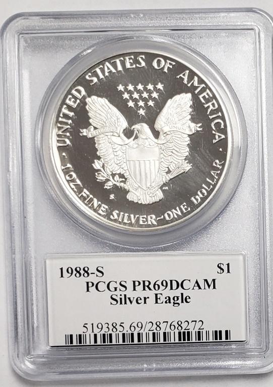 1988-S PCGS PR69DCAM Silver Eagle - Mercanti Signe: Hand Signed 12th Chief Engraver of The US Mint John M. Mercanti.