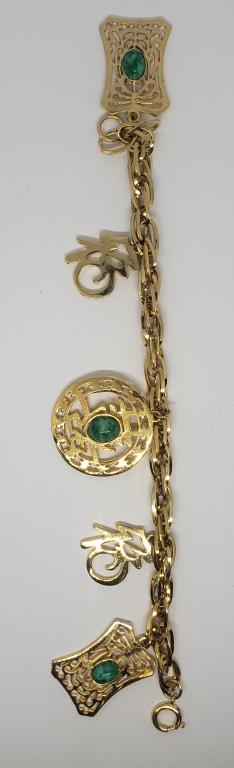 8 INCH GOLD TONED ORIENTAL CHARM BRACELET: GREEN MARBLE LUCITE ACCENTS-LOOKS NEW!!