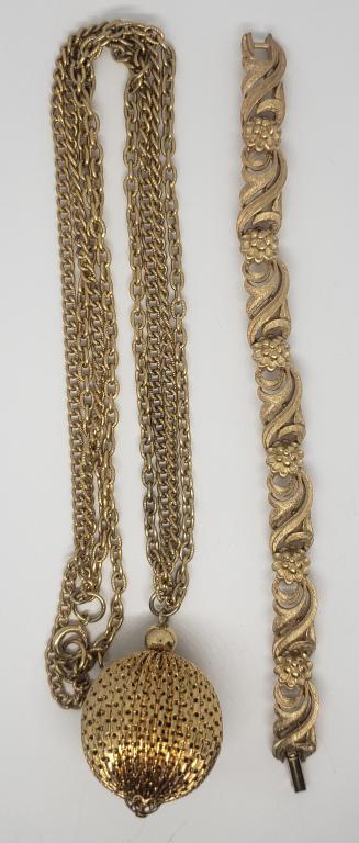 VINTAGE GOLD TONED JEWELRY LOT: (1)DOUBLE: STRANDED CHAIN WITH MESH BALL PENDANT & (1)PANEL BRACELET-NICE LOT!!