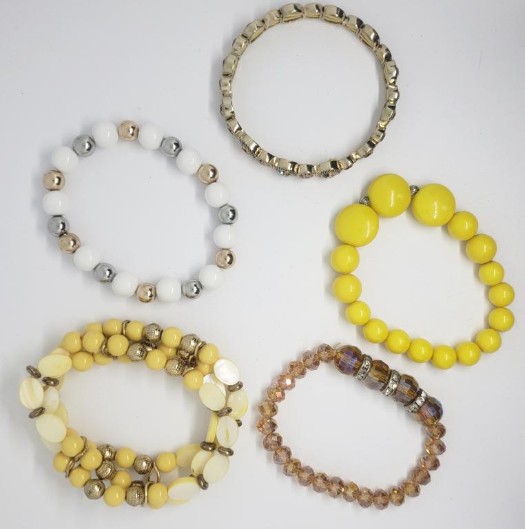 5-BEADED STRETCHY BRACELETS-YELLOW/RHINESTONE: COLORS-GREAT FOR LAYERING!! NICE LOT!!
