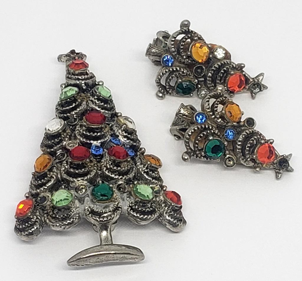 SET! VINTAGE SILVER TONED CHRISTMAS RHINESTONE (1 of 3)