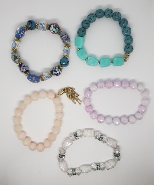 5-BEADED STRETCHY BRACELETS: SOME WITH: POSSIBLE GLASS BEADS-GREAT FOR LAYERING!!
