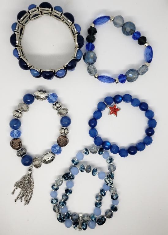 5-BLUE BEADED STRETCHY BRACELETS: GREAT FOR LAYERED