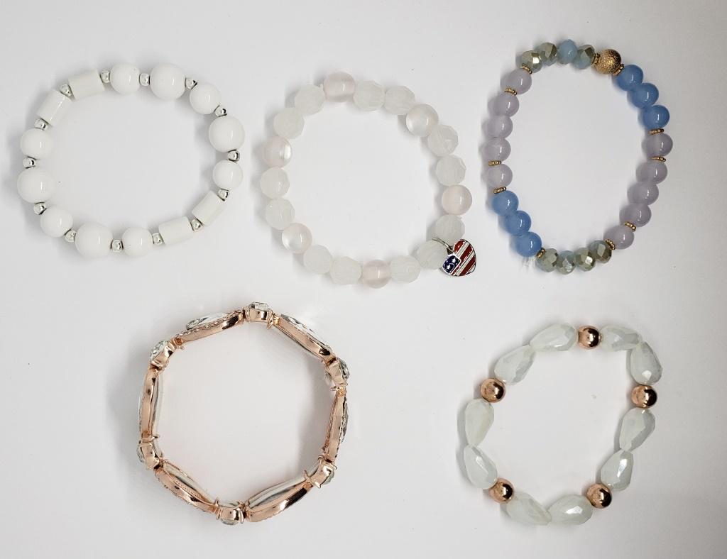 5-BEADED STRETCHY BRACELETS (1)WITH LARGE: RHINESTONE ACCENTS-GREAT FOR LAYERING!!
