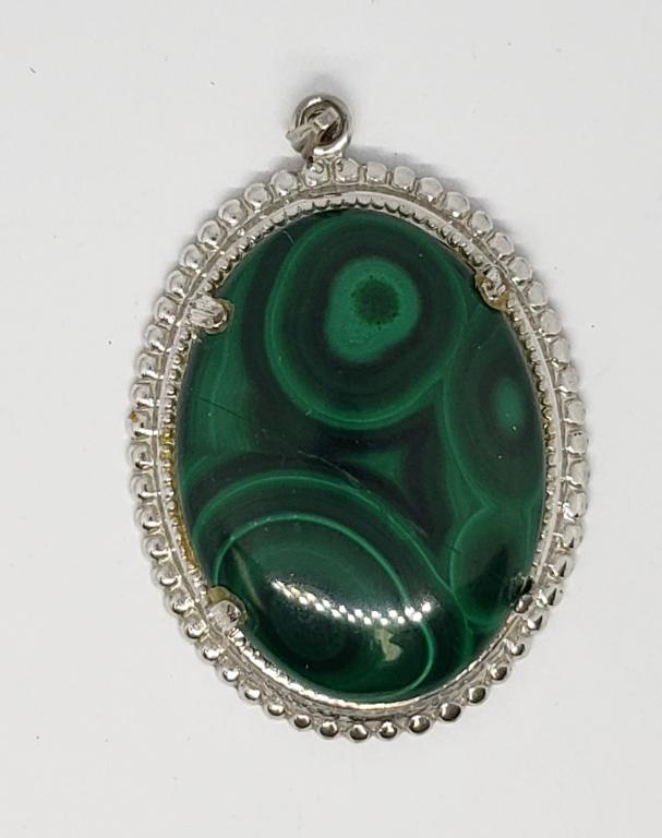 VINTAGE SILVER TONED MALACHITE PENDANT: SOUTHWESTERN STYLE-