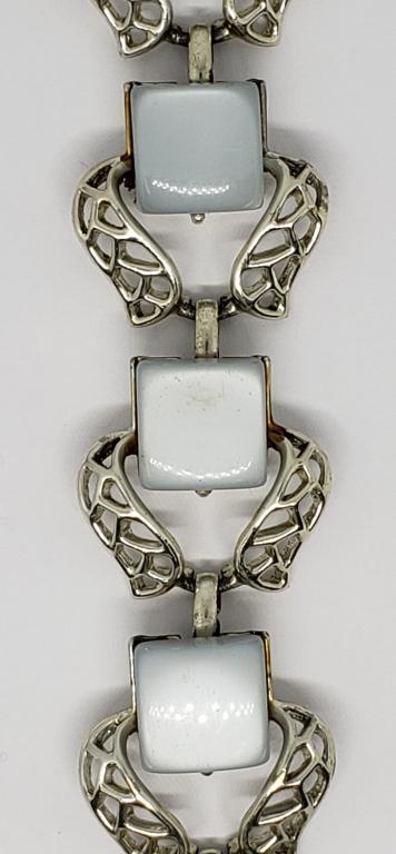 VINTAGE SILVER TONED CORO PANEL BRACELET: WITH BABY BLUE SQUARE LUCITE ACCENTS