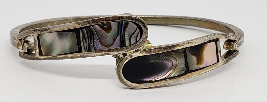 MEXICO STERLING HINGED BRACELET WITH ABILONE (1 of 5)