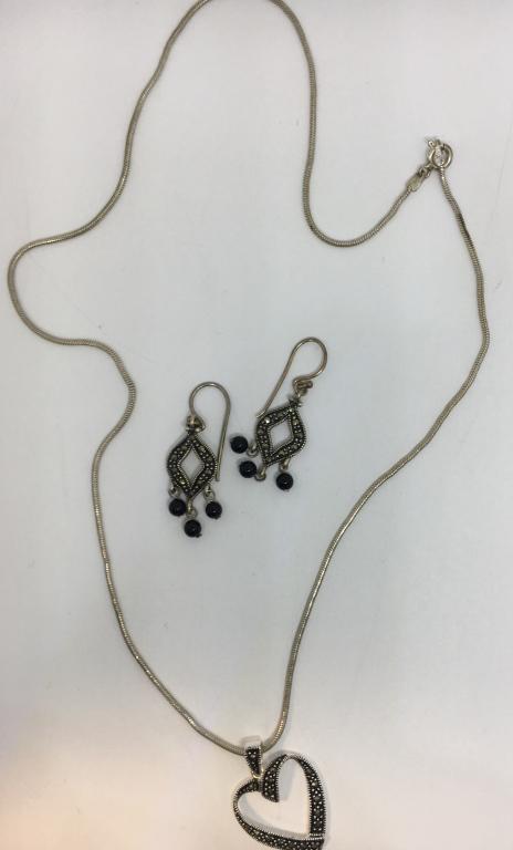 MARCASTIE Sterling Necklace & Earrings: Sterling 925 20" Marcasite necklace with Marcasite earrings 8.5 DWT