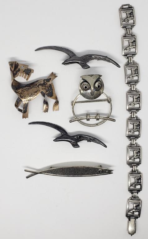 SCOTTISH DOG PIN & BRACELET plus: OWL, FISH, SEAGULL STERLING PINS ( 22.6 DWT TOTAL)