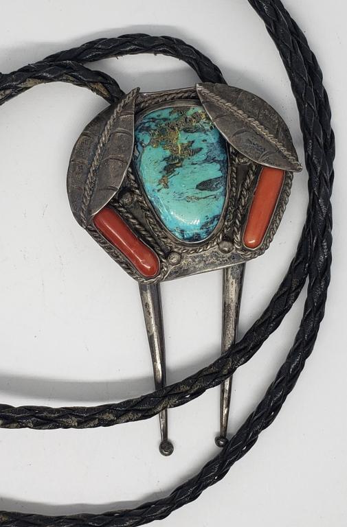 NAVAJO STERLING TURQUOISE / CORAL BOLO (1 of 3)