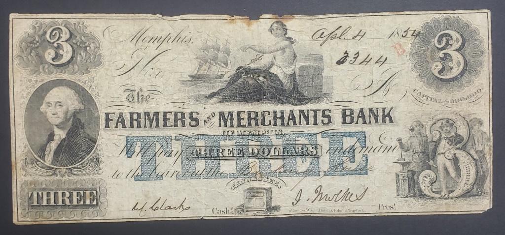 1854 $3 The Farmers And Merchants Bank: Memphis Tennessee Obsolete Currency