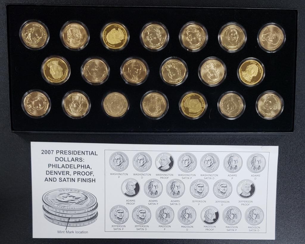 2007 PRESIDENTIAL DOLLARS SET: PHILADELPHIA, DENVER, PROOF & SATIN FINISH COINS in DISPLAY BOX / CAPS (20 COINS TOTAL)