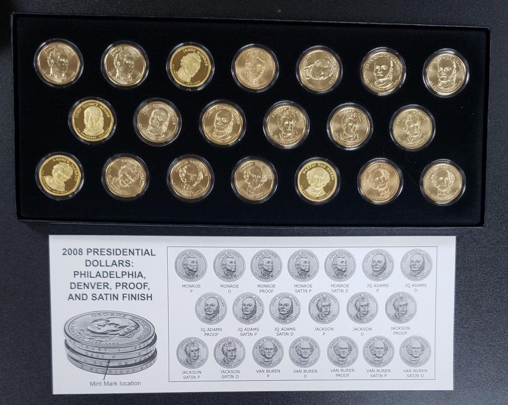 2008 PRESIDENTIAL DOLLARS SET: PHILADELPHIA, DENVER, PROOF & SATIN FINISH COINS in DISPLAY BOX / CAPS (20 COINS TOTAL)