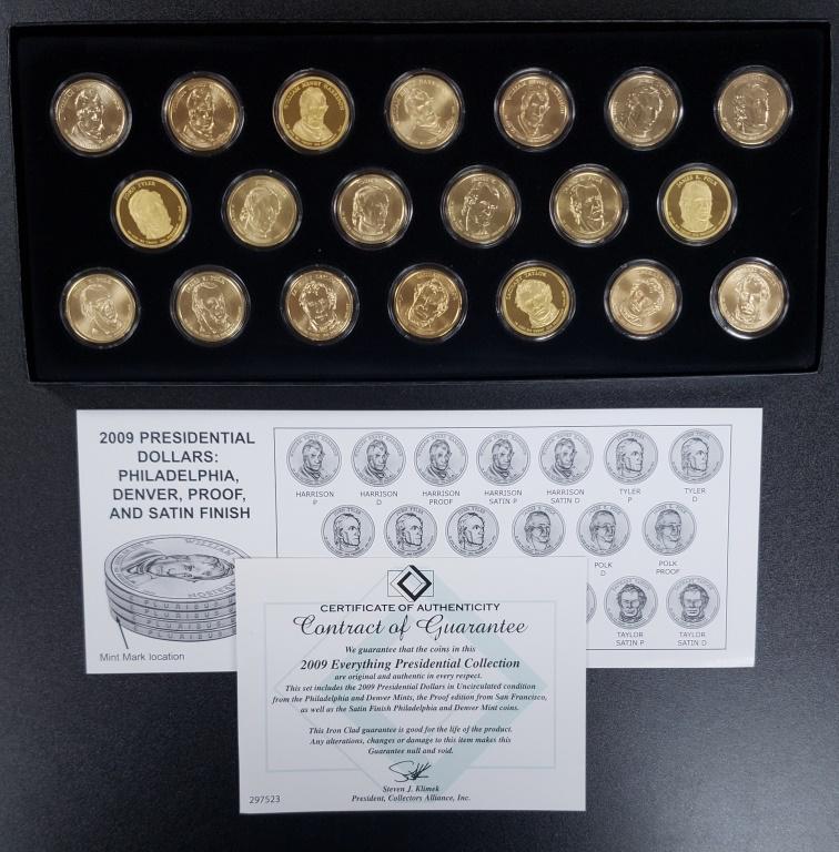 2009 PRESIDENTIAL DOLLARS SET: PHILADELPHIA, DENVER, PROOF & SATIN FINISH COINS in DISPLAY BOX / CAPS (20 COINS TOTAL)